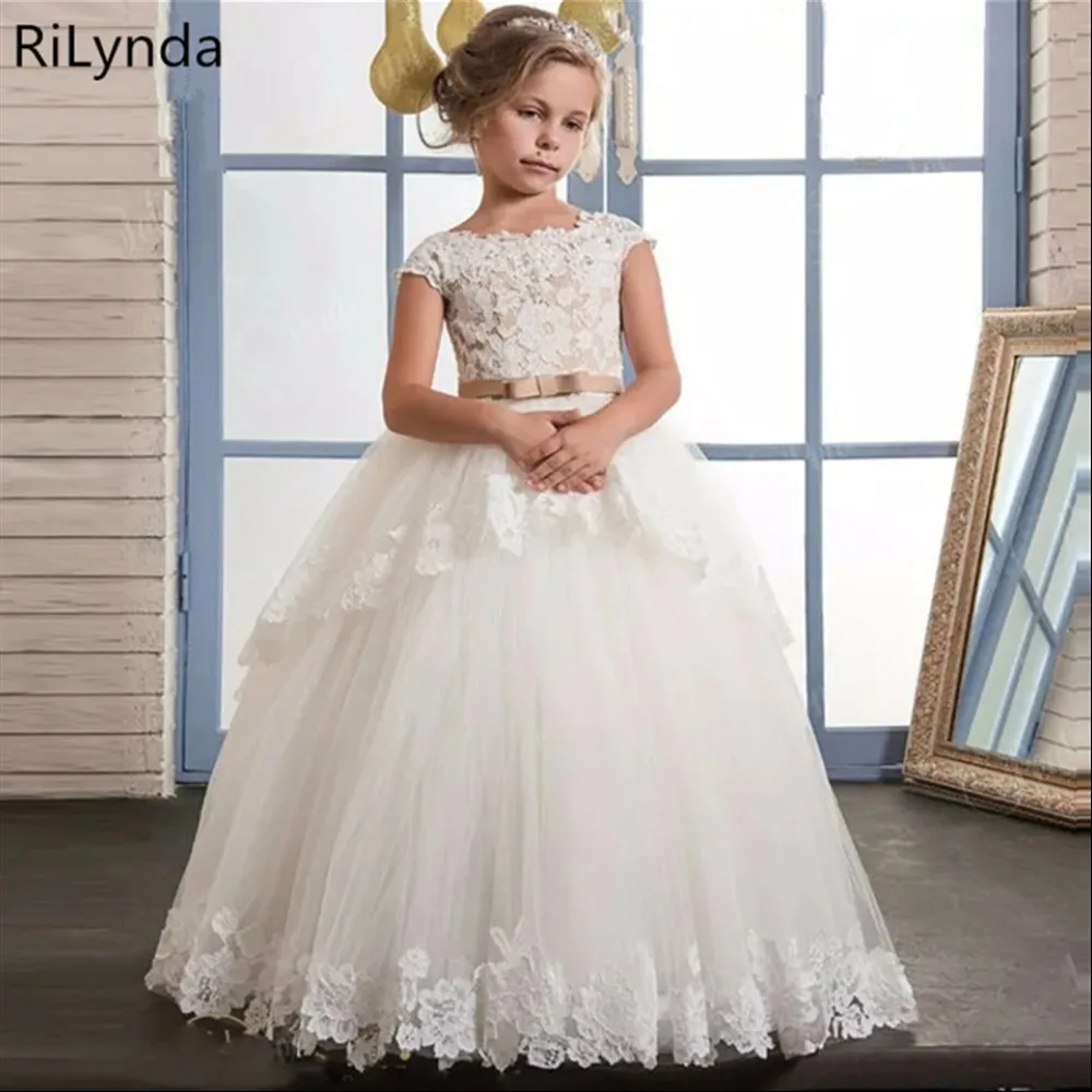 

Puffy Appliques Lace With Bow Sleeveless Flower Girl Wedding Dress Princess Birthday Party Pageant Kids First Communion Gown