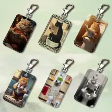Funny Art Fat Cat Toilet Rectangle Card Case Keychain Access Card Bag Key Tag Ring Leather Card Holder Key Ring Access