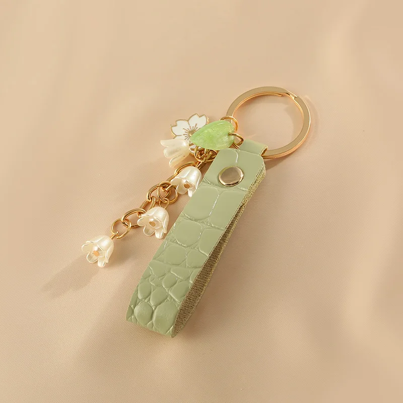 Lily of The Valley Flower Leather Keychain for Women Korea Fashion Sweet Key Chains Green Fairycore Accessories 2024 New In