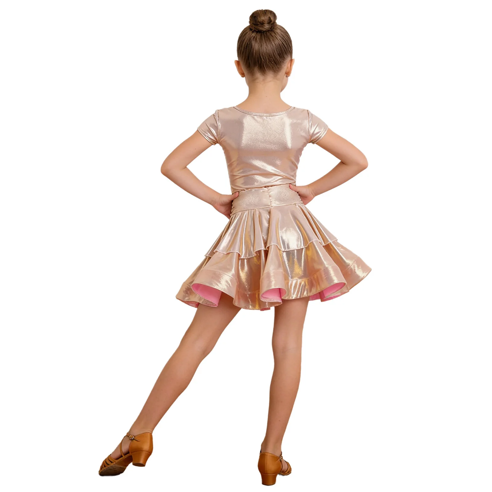 Kids Girls Latin Dance Dress Cap Sleeves Tiered Ruffled Metallic Shiny Dress Leotard Jazz Tango Cha-cha Rumba Dancing Costume