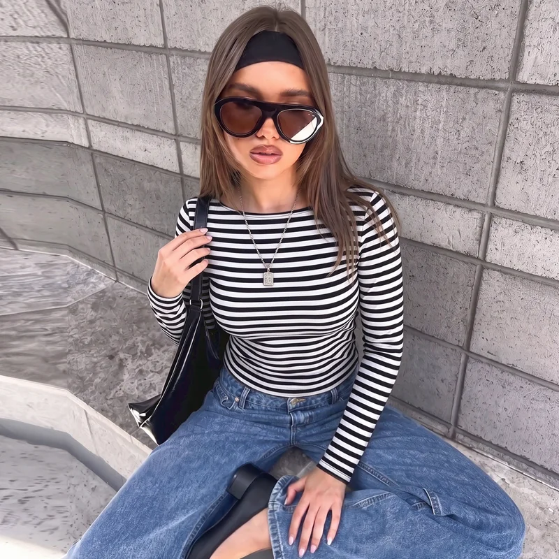 Hugcitar Gestreiftes Farbblock-Langarmshirt, Sexy Slim Fit Crop T-Shirt Top, Herbst Damenmode Kleidung, Streetwear, Party, Club – Detail 29