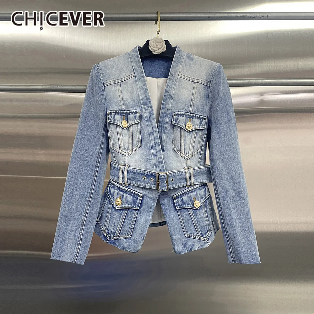 

CHICEVER синяя куртка с поясом, женская утягивающая уличная одежда с v-образным вырезом и длинными рукавами, винтажные женские куртки, осенний модный стиль
