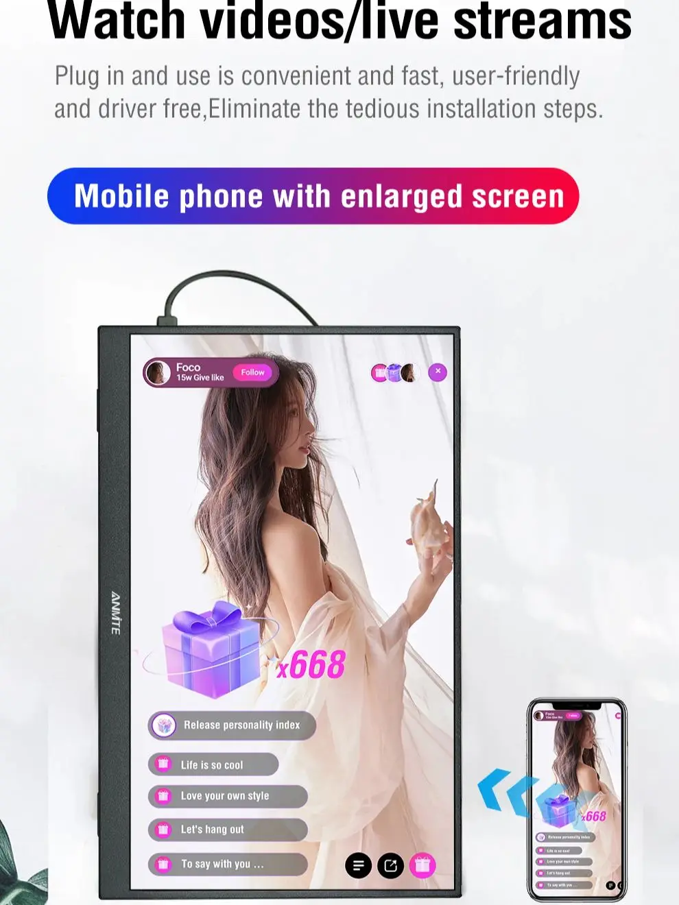 Anmite 15.6/18.5 pouces moniteur de Projection sans fil rotation automatique affichage Portable pour ordinateur Portable, Mac et téléphone Projection WiFi