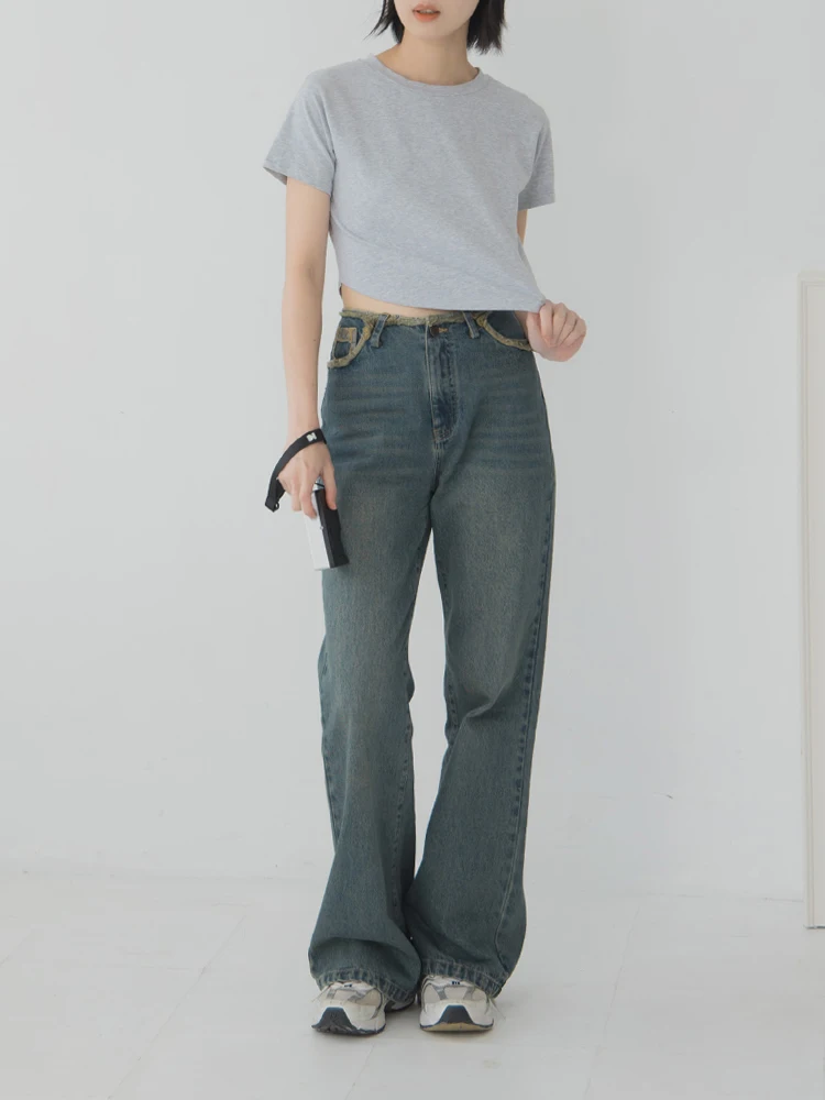 กางเกงยีนส์ผู้หญิง Queenop Retro Sle เอวสูง ทรงตรง หลวม ใส่สบาย ผ้าฝ้าย 100% รุ่นใหม่ล่าสุดสำหรับฤดูร้อน สีบรู๊ด ดีไซน์ขาดๆ