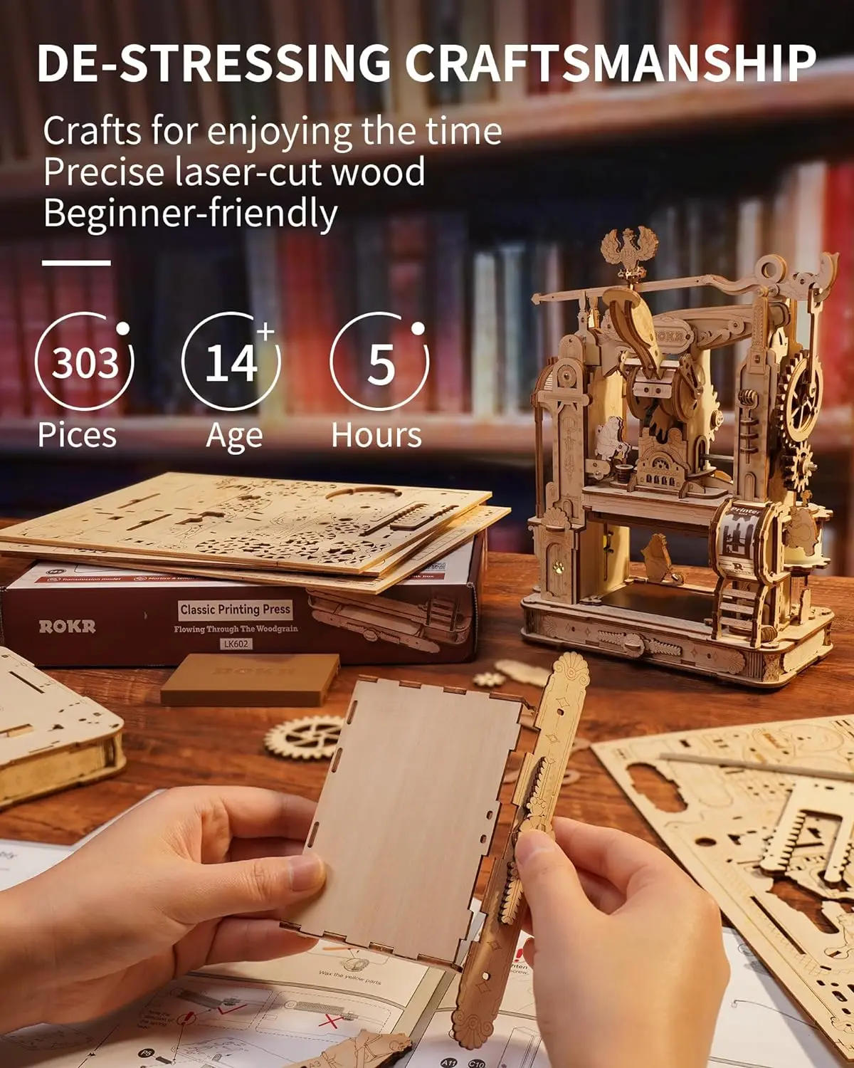 Robotime rokr 3d holz puzzle modell kits klassische druckmaschine mechanische zahnräder für erwachsene