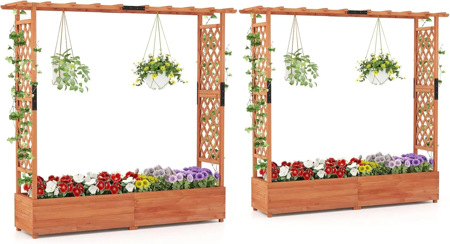 

2 Pieces Raised Garden Beds with Arch Trellis, Hanging Roof & Drainage Holes, 77-Inch Vertical Plant Container for Vine Climbing