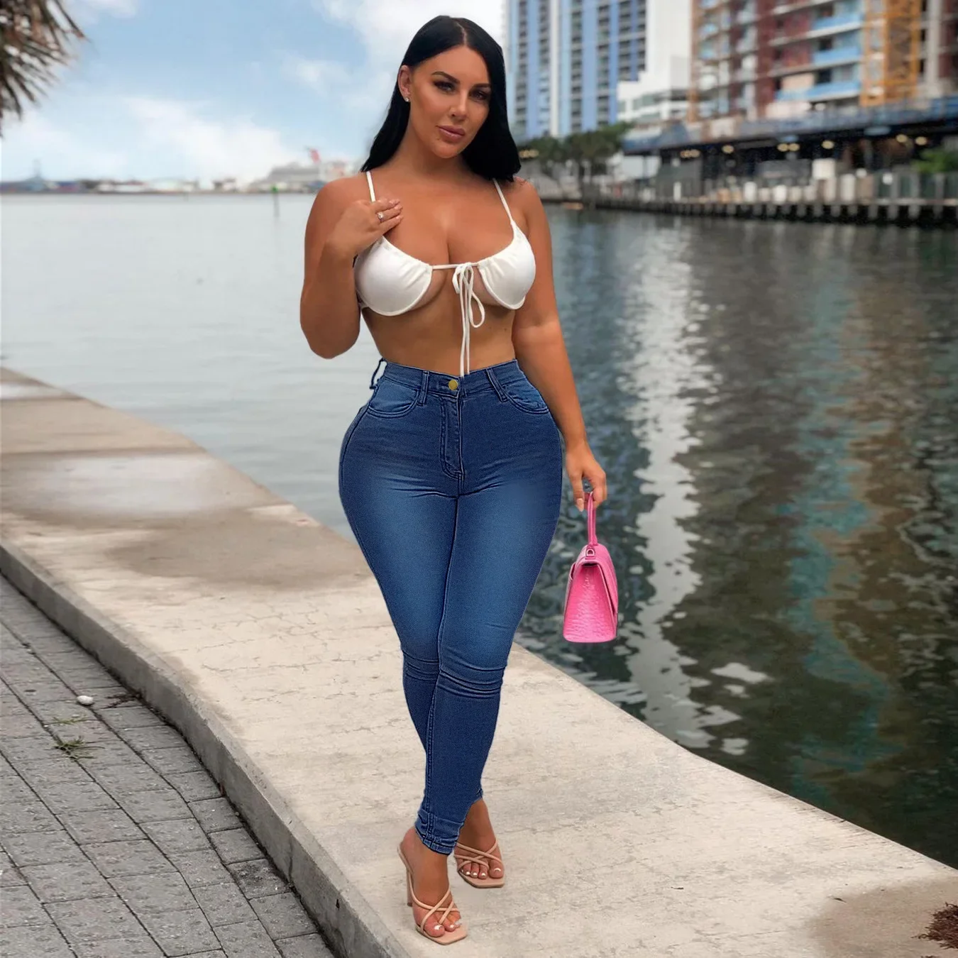Denim Pencil Pants Women Jeans Stretch High Waist Pockets Distressed Washed Skinny Ankle Length Trousers Streetwear
