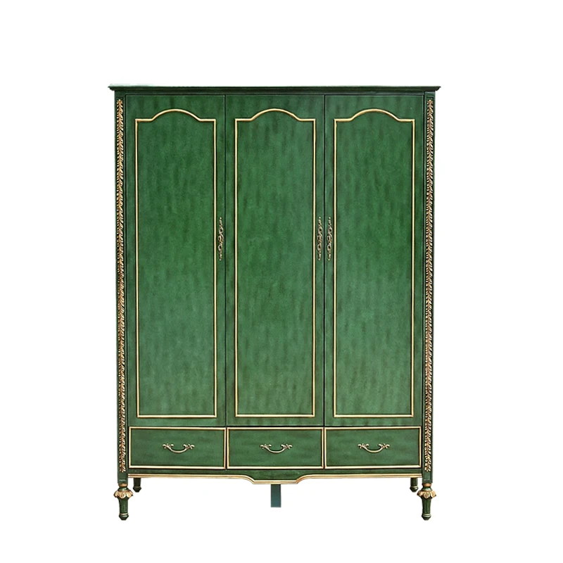 Wardrobe painted solid wood home bedroom small-sized retro green children's storage wardrobe