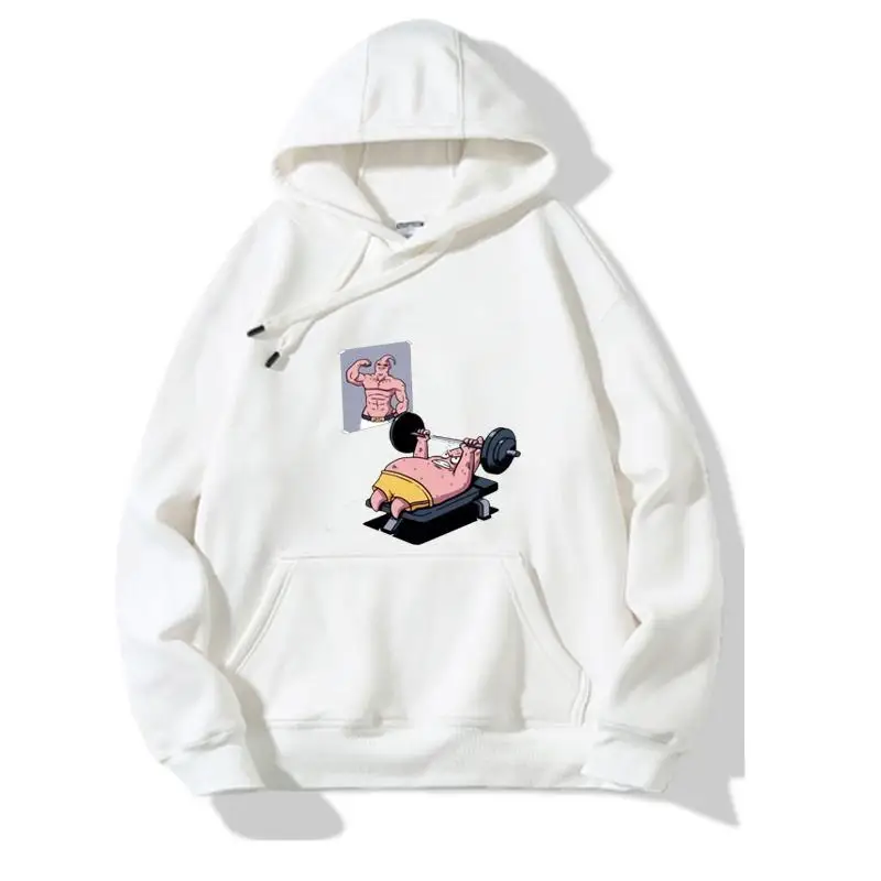 

White Anime Hoodie Pink Cartoon Pig Gym Design with Weightlifting Bench Oversized Streetwear Kangaroo Pocket​​