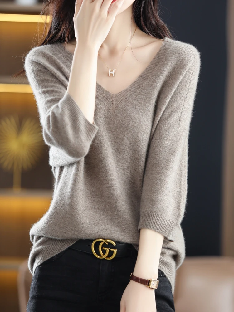 Seven Quarter Sleeved Low V-Neck New Seamless Women 100 Pure Wool Sweater Relaxed Versatile Knitting Long Sleeve Bottoming Trend