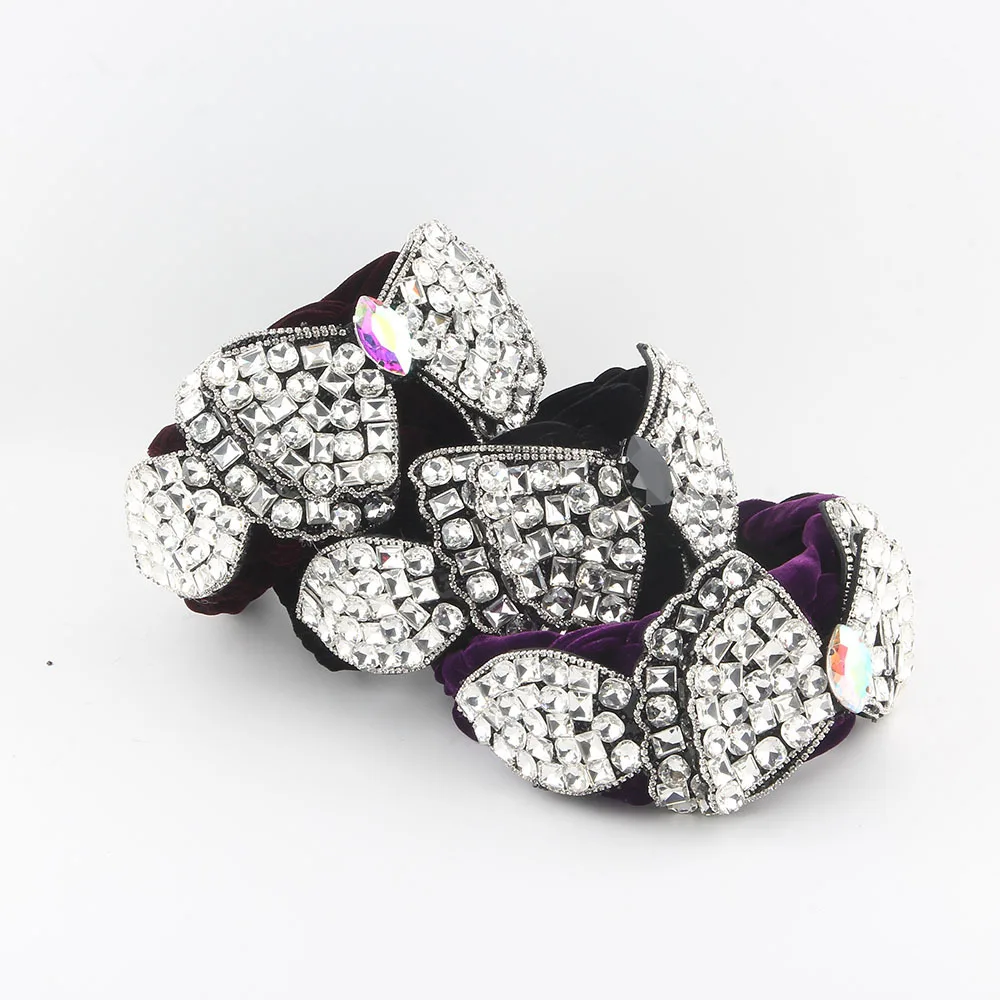 

New Fashion Heavy Craft Exaggerated Velvet Acrylic Bowknot Rhinestone Headband Party Gorgeous Hair Accessory
