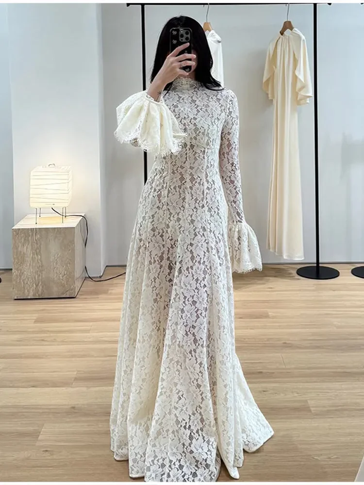 Neues Elegantes Rollkragen-Spitzen-Maxikleid, Dezentes Vintage-Trendkleid für Damen, Abendkleid für Hochzeitsgäste, Formelle Straßenkleidung, Weiches Tragegefühl – Detail 4
