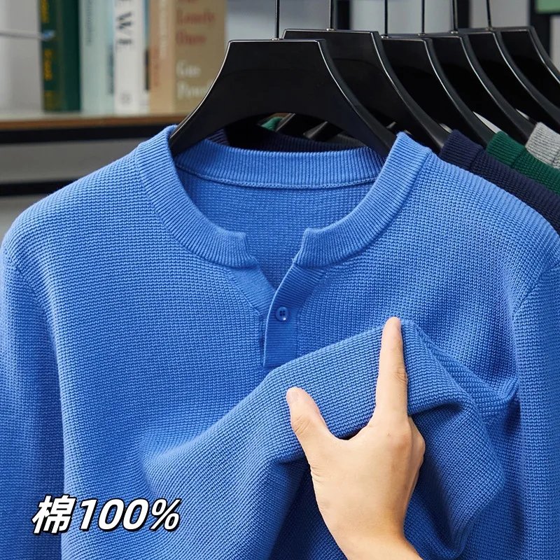 

Autumn Winter Cotton Casual Men'S Knitted Sweater Long Sleeve Top Middle-Aged Solid Color Versatile Button Trendy Fashion Sweate