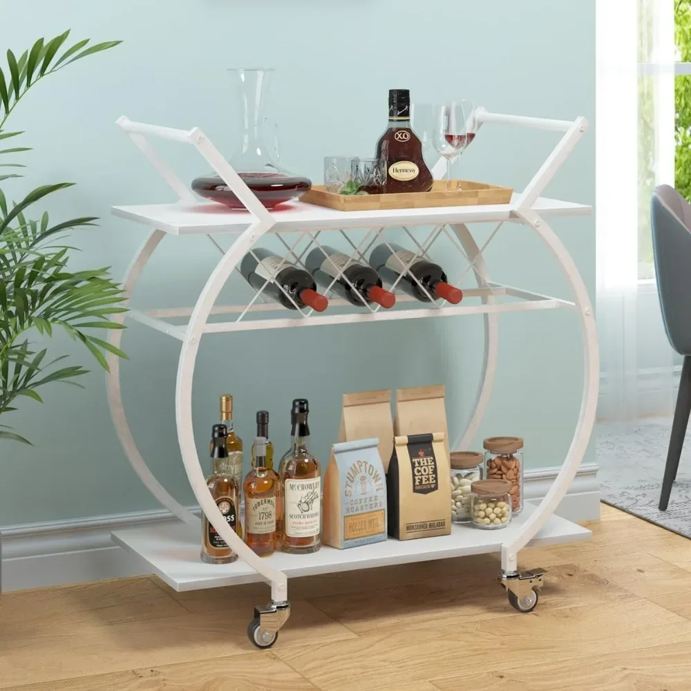 White Wine Cart with Wheels, Modern Bar Cart with Wine Rack, Industrial Beverage Rolling Kitchen Serving Cart with Storage,