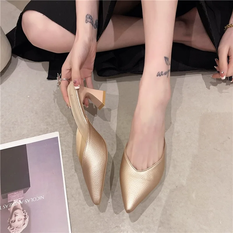2025 Spring New Women's Fashionable Head Cover Sandals Pointed Toe Thick Heel Slippers Comfortable Breathable
