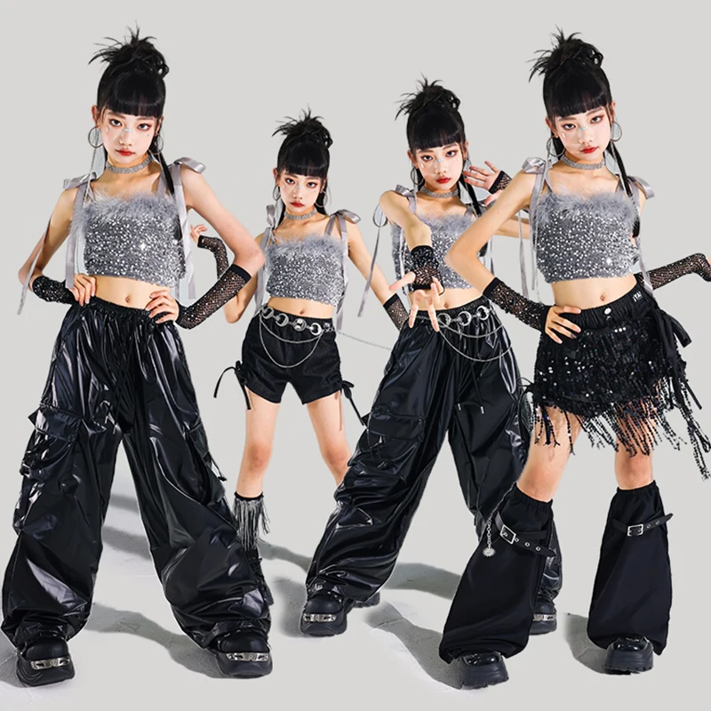 

Hip Hop Jazz Dance Suit Girls Kpop Performance Stage Outfit Sequin Tank Top Black Shuffle Pants Kids Party Show Dancewear 2107