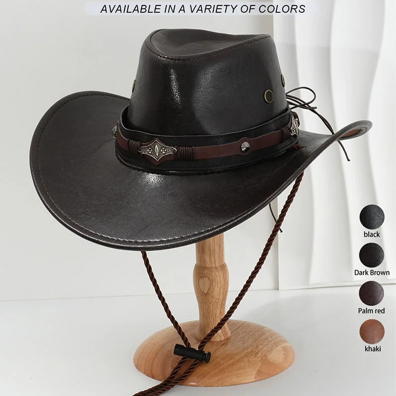 

New Trendy Western Cowboy Hat Unisex Wide Brim PU Leather Sun Caps Adjustable Outdoor Travel Hiking Camping Casual Men Women Hat