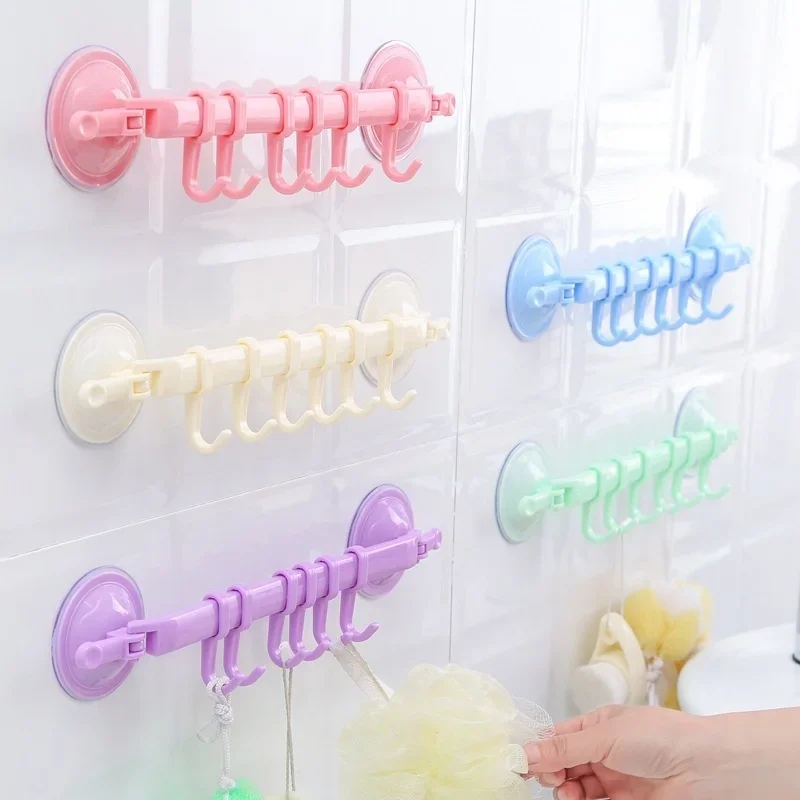 

Colourful Fashion Towel Rack Suction Cup 6 Hooks Bathroom Kitchen Wall Door Holder Sucker Hanger Sundries Clip Randomly