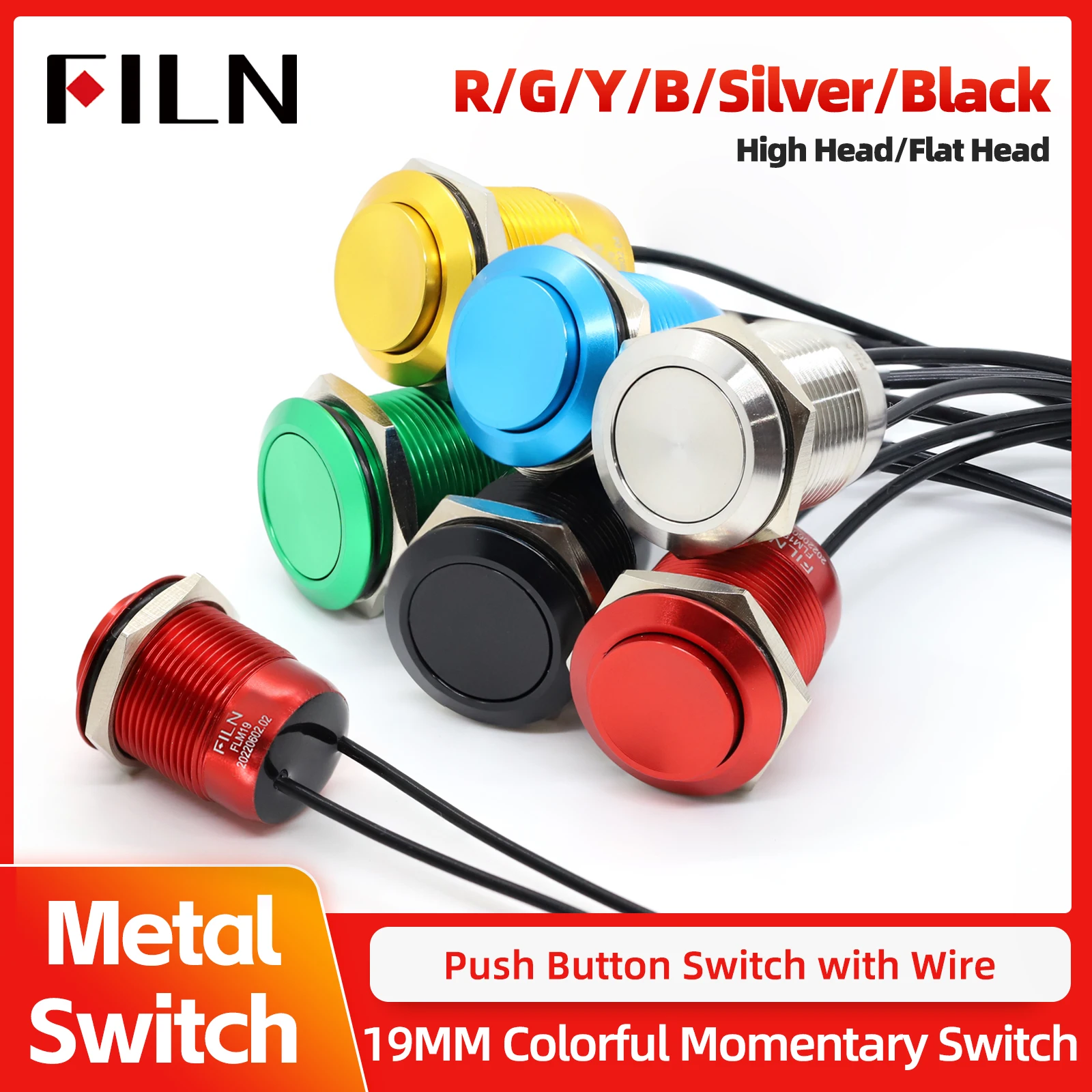 

FILN 19mm Waterproof Push Button Switch with Wire Flat Head Momentary Metal Doorbell Switch Auto Engine Auto Start Starter