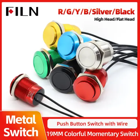 FILN 19mm 방수 푸시 버튼 스위치 (와이어 플랫 헤드 포함) 순간 금속 초인종 스위치 자동 엔진 자동 시작 스타터