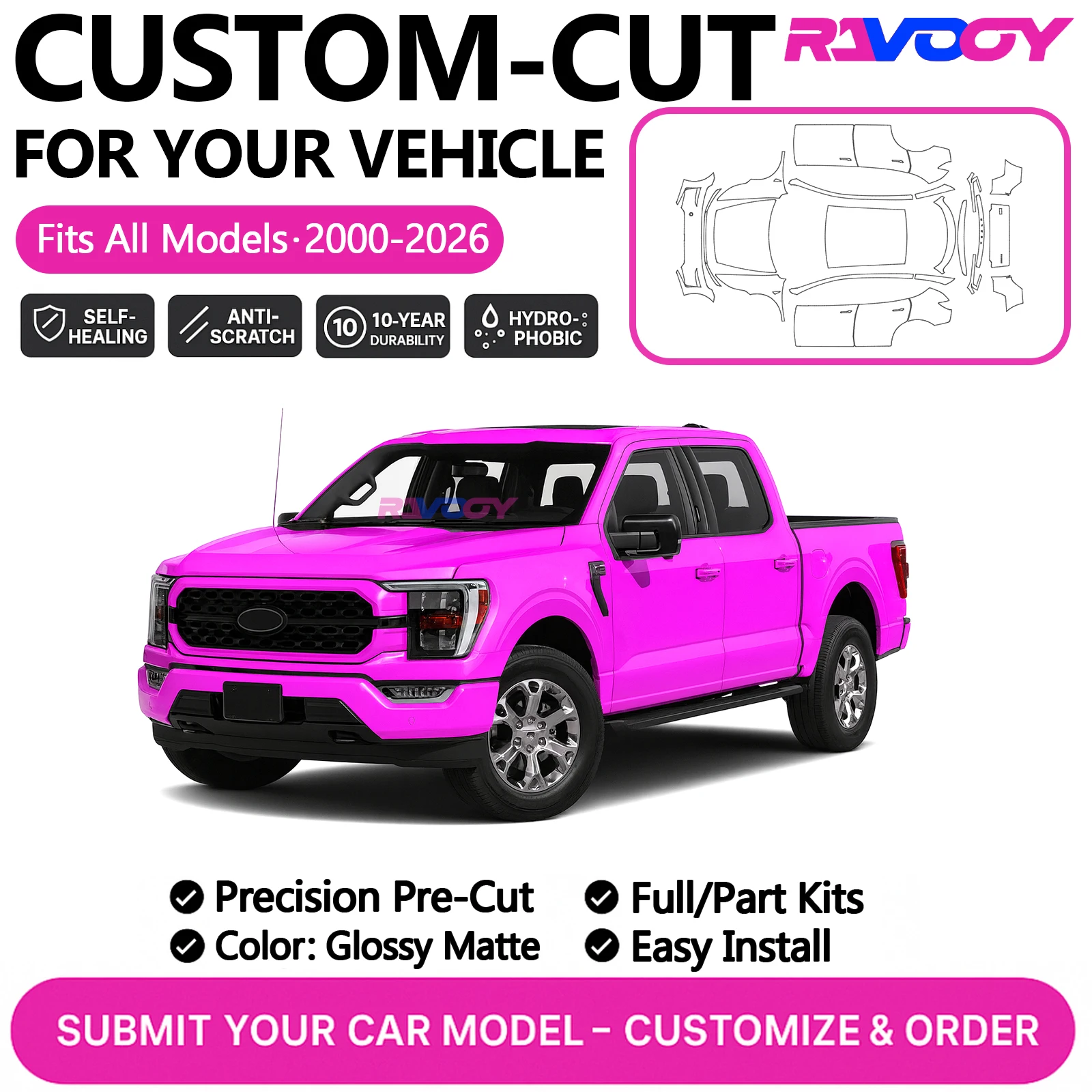 

Изготовленный на заказ комплект PPF для Ford F-150 Lightning 2024 2025 2026, защитная пленка для краски, глянцевая матовая пленка из ТПУ, полный автомобильный комплект переднего бампера