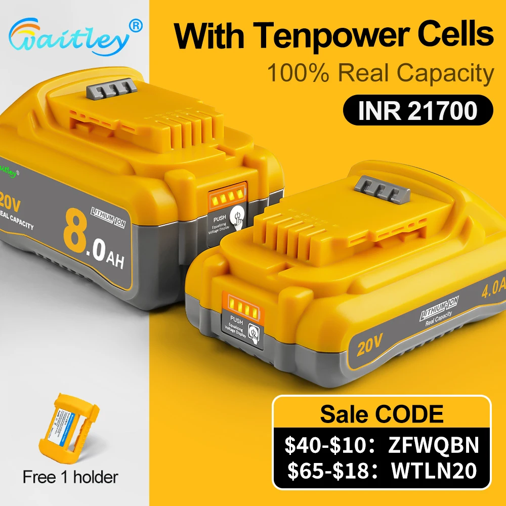 Waitley 18V 20V Li-Ionen-Akku für Dewalt Elektrowerkzeuge mit Tenpower INR21700 Zellen, Ersatz für DCB200 DCB184 Werkzeugzubehör