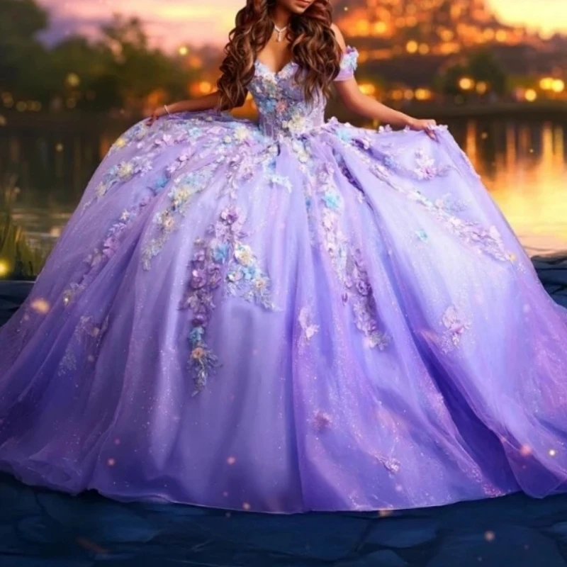 

Светло-фиолетовое платье Quinceanera по индивидуальному заказу, бальное платье с цветочной аппликацией на шнуровке, женское платье для выпускного вечера, дня рождения, Vestido De xv Anos
