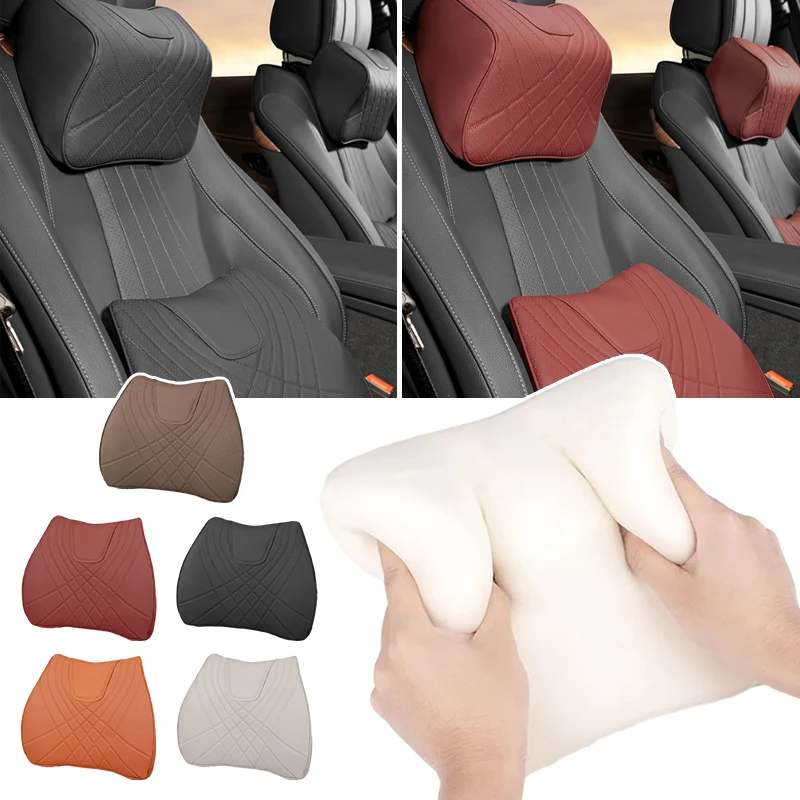 Ergonomic Memory Foam Headrest Car Pillow Comfortable Driving for Neck And Waist Support, Breathable PU Leather Car Back Cushion