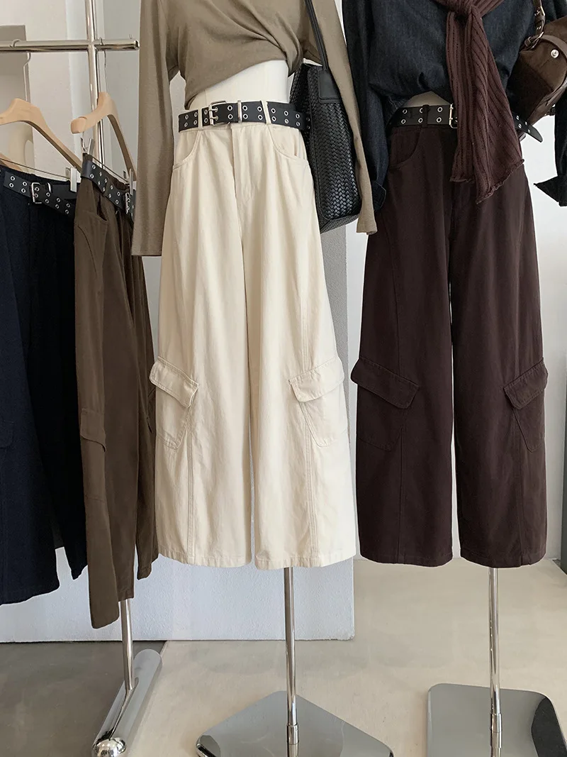 Vintage Coffee Wide Leg Cargo Pants For Women High Waist Rivet Belt Multi Pockets Loose Streetwear Autumn Casual Trend Trousers