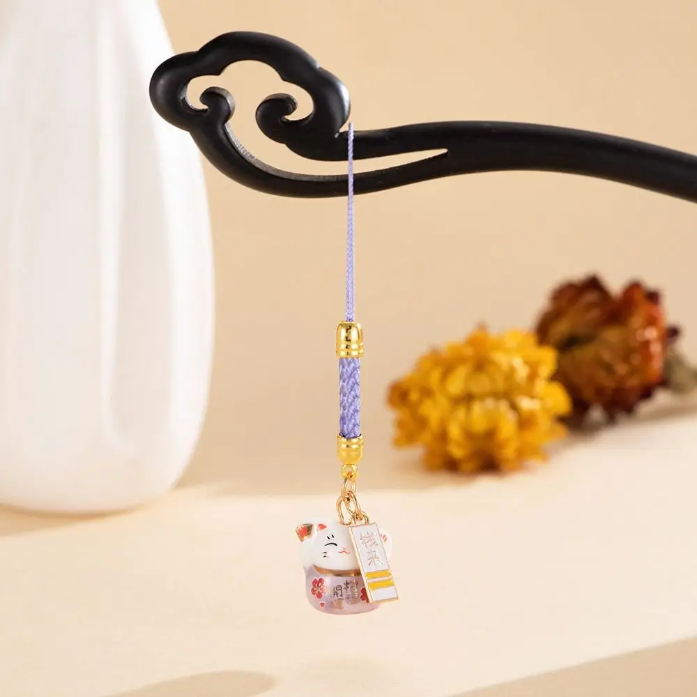 Hand Braided Lanyard Ceramic Lucky Cat Pendant Cell Phone Strap Japanese Style Phone Charm Bag Hanging Ornament Good Luck Gift