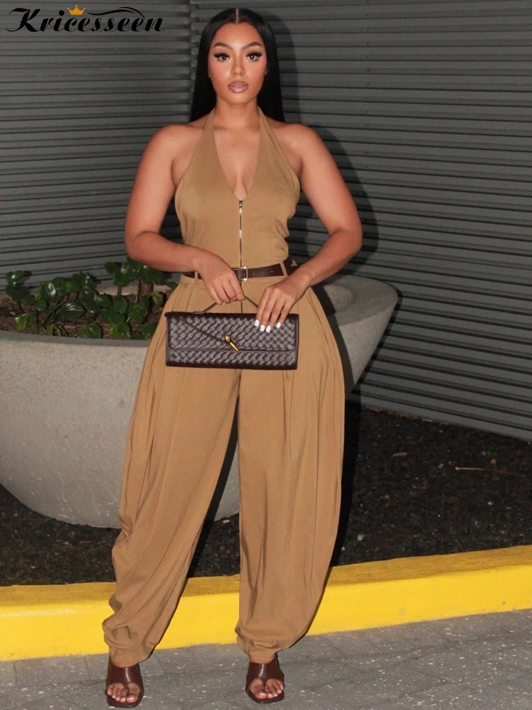 

Kricesseen ​Casual Solid Halter Jumpsuit Women Backless Zipper Front Loose Wide Leg Pant Outfits Streetwear One Piece Overalls