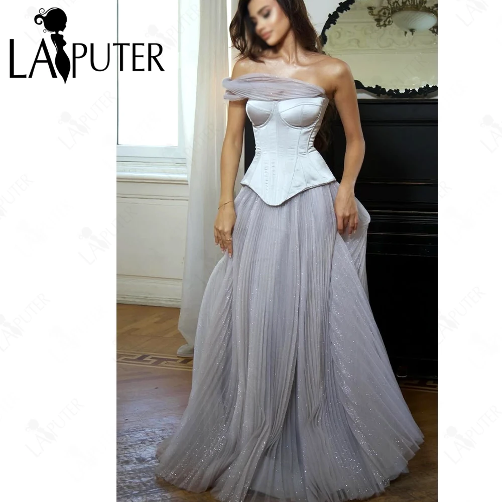 فساتين لحضور الحفلات الموسيقية باللون الرمادي المجعد مشد من الساتان المنحني ثوب مسائي بدون أكتاف مجعد تنورة على شكل حرف A فستان رسمي 2025 #2