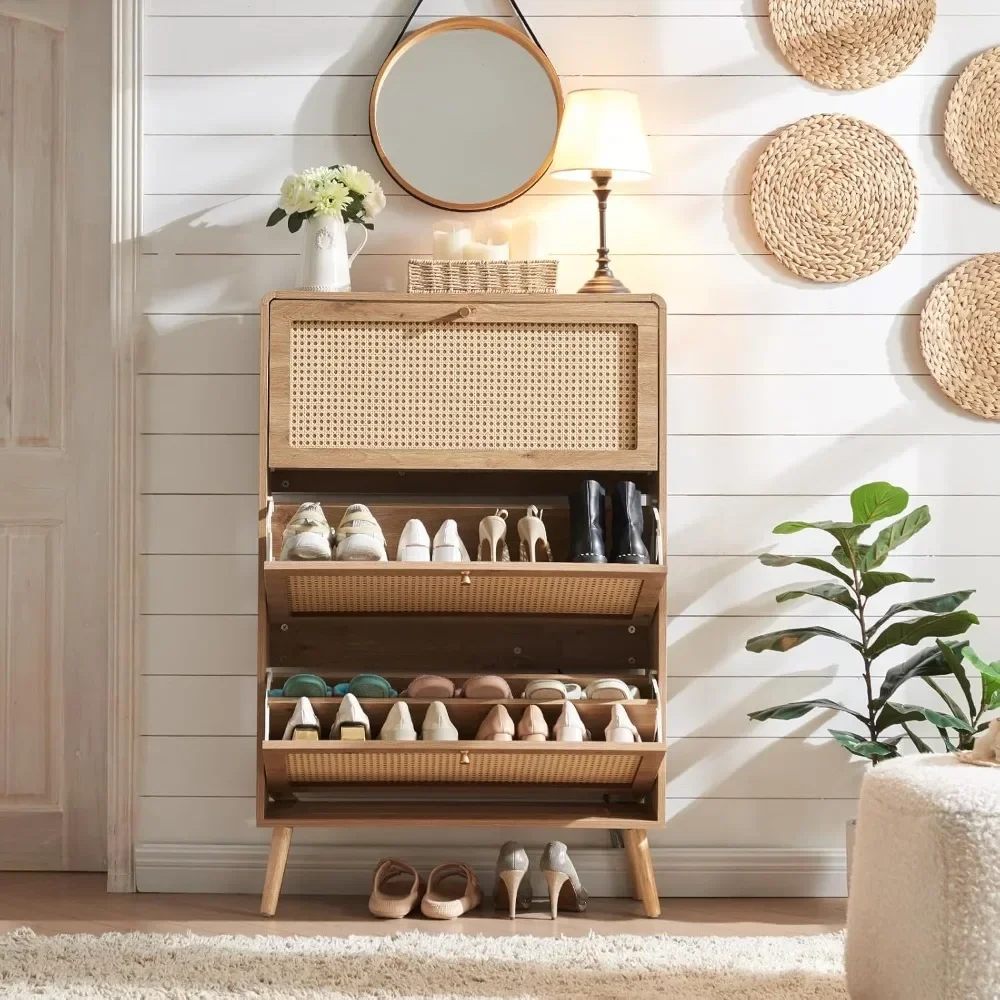 Rattan Shoe Cabinet with 3 Flip Drawers, 24 Pairs Shoe Storage Cabinet for Entryway Freestanding Hidden Shoe Rack with Drawers