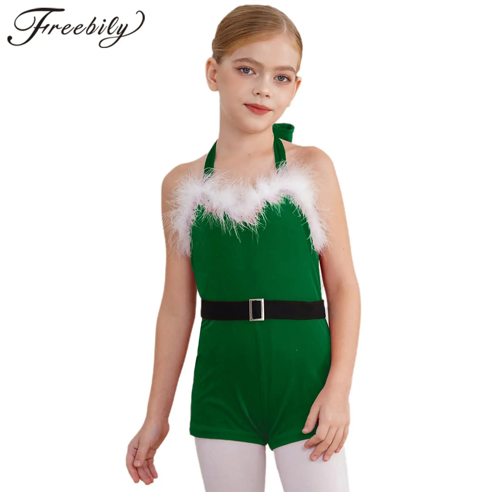 Body de Navidad para niñas, disfraz de Papá Noel, pelele de terciopelo con cuello Halter y cinturón, ropa de Año Nuevo, Ropa de baile