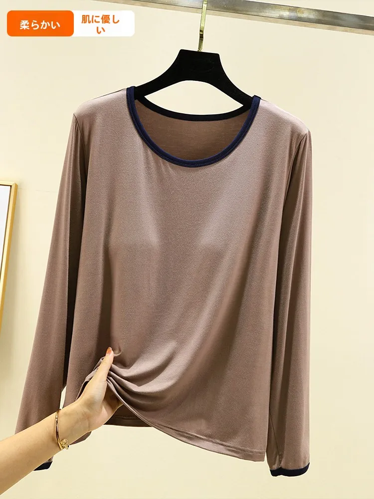 Camiseta holgada redonda Ne Modal Base irt para mujer, camiseta larga informal versátil de talla grande para principios de otoño, camiseta adelgazante