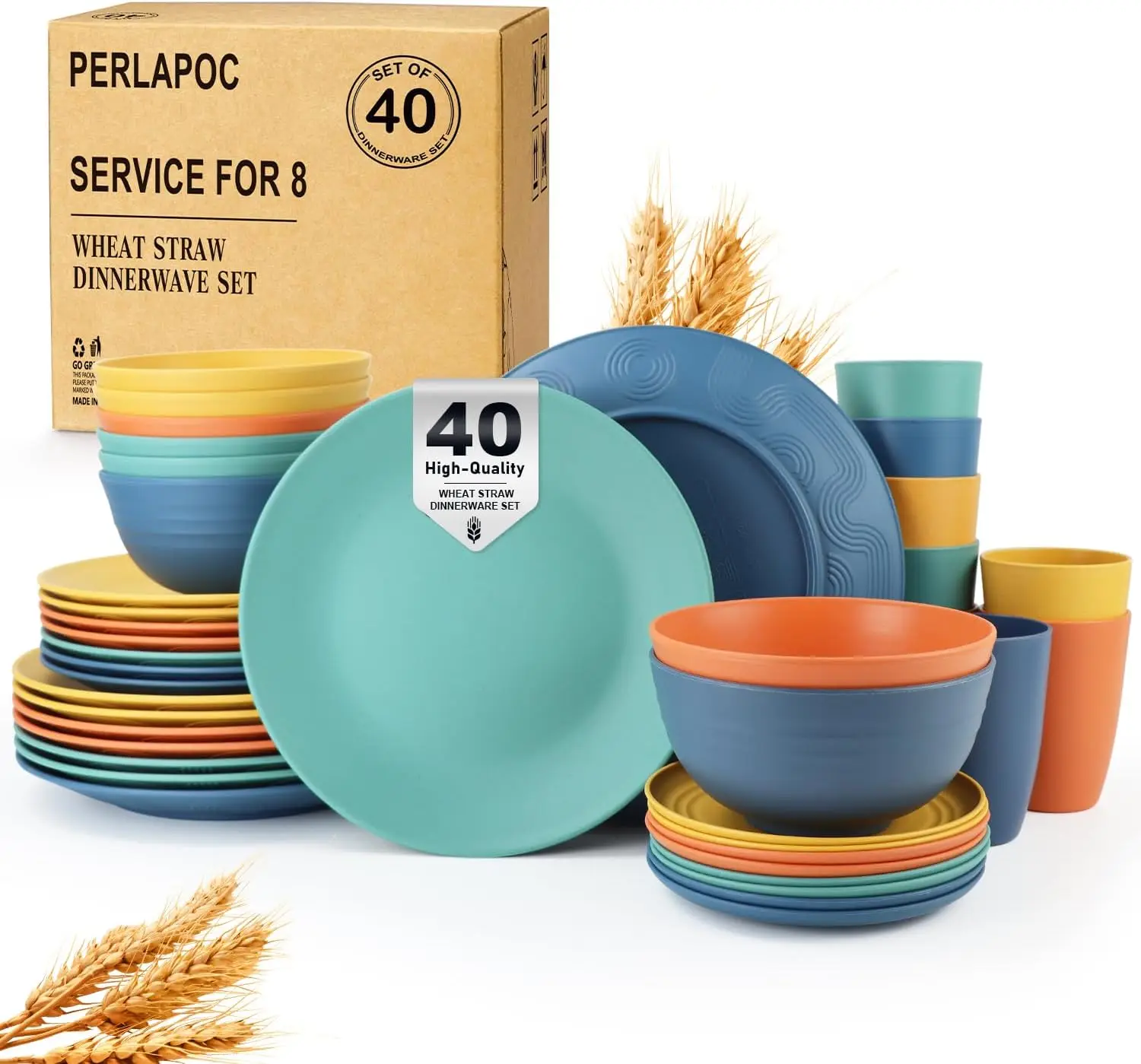 

Wheat Straw Dinnerware Set 40 PCS - Service for 8 | Plates and Bowls Sets | Unbreakable Dishes Set - Dinner Plates, Dessert Plat