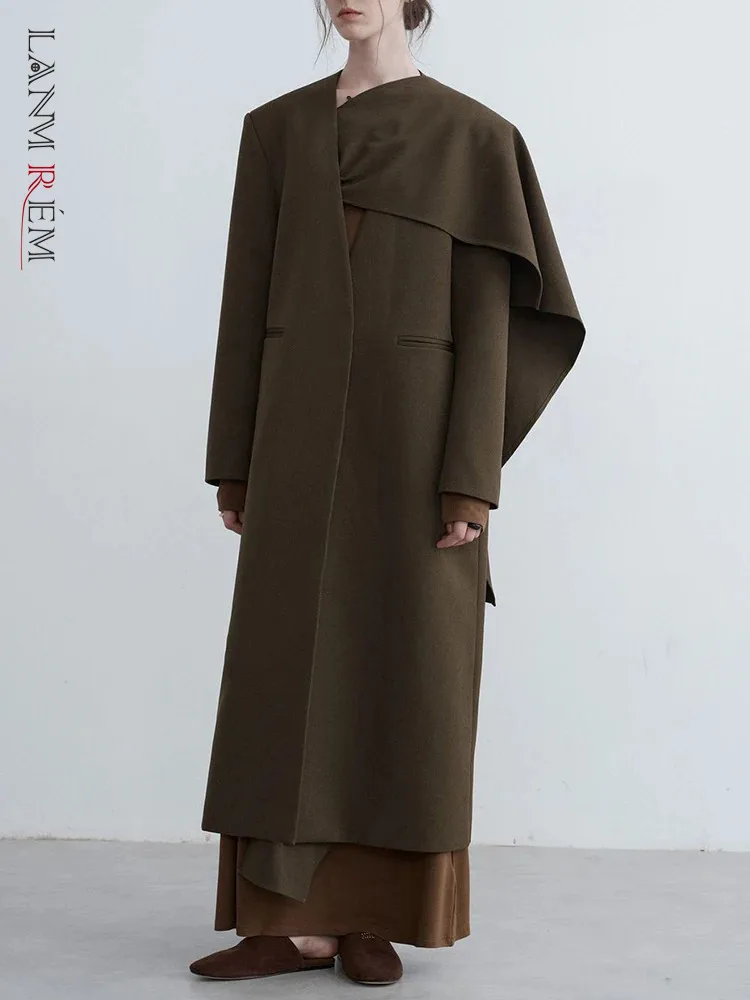 

[LANMREM] Scarf Collar Design Long Trench For Women Long Sleeve Office Lady Windbreaker Temperament Coat 2024 Autumn New 26C558