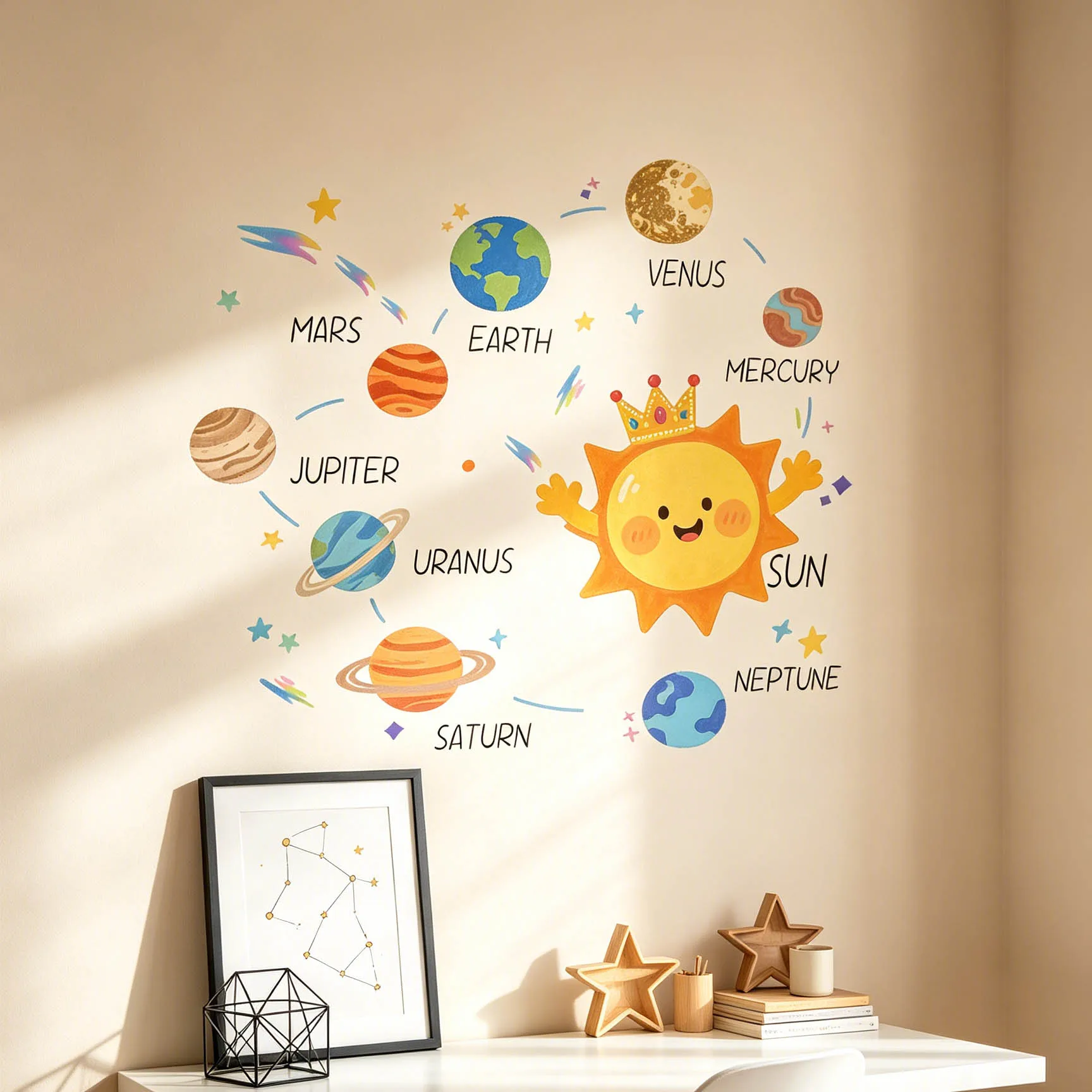 Solar System Height Chart Wall Stickers Cute Crown Sun Planets Star Comet Growth Ruler Wall Decals Removable Kids Nursery Bedroo