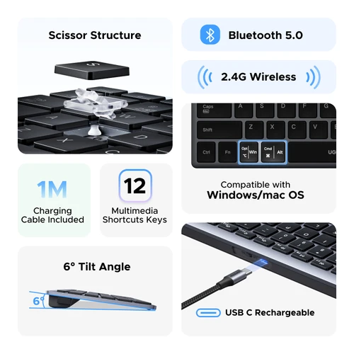 Imagen 2 del producto UGREEN-teclado inalámbrico con Bluetooth 5,0, 2,4G, ruso/coreano/EN 99 teclas, para MacBook, iPad, PC, tableta, recargable por USB C