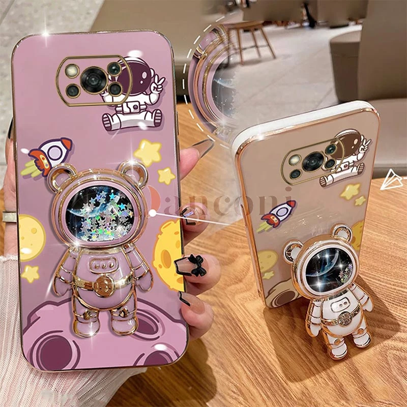 Cheering astronauts Plating Phone Holder Case For Xiaomi Poco M5 M4 Pro F5 F4 F4 GT X4 F3 X4 GT X3 M3 X3 NFC X3 Pro C40 Cover