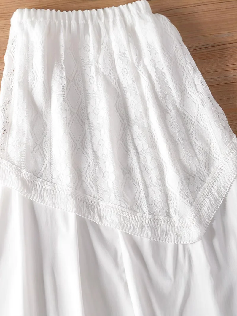 Bohe vestido branco irregular emenda oco gancho flor cinta de espaguete vestido feminino elegante borla verão praia férias vestido