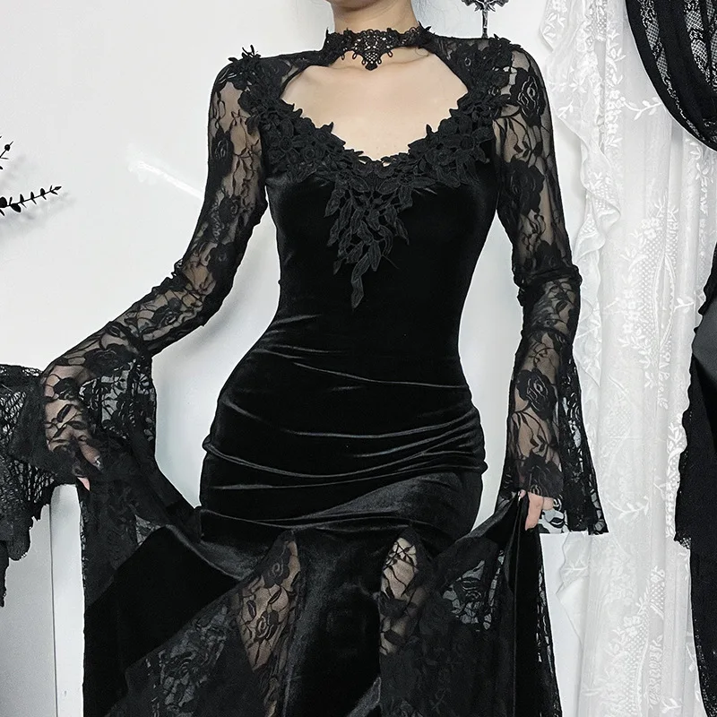 Women New Halloween Day of The Dead Cosplay Witch Sexy Slim Dress Dark Goth  Lace Fishtail Long Sleeved Theme Party Outfit - AliExpress 200000532