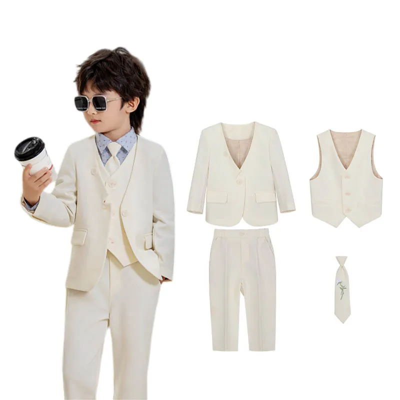 90-160 Jungen Beige Frühlingsjacke Weste Hose Krawatte Abendanzug Kinder Hochzeitsanzug Kinder Zeremonie Fotografie Kostüm