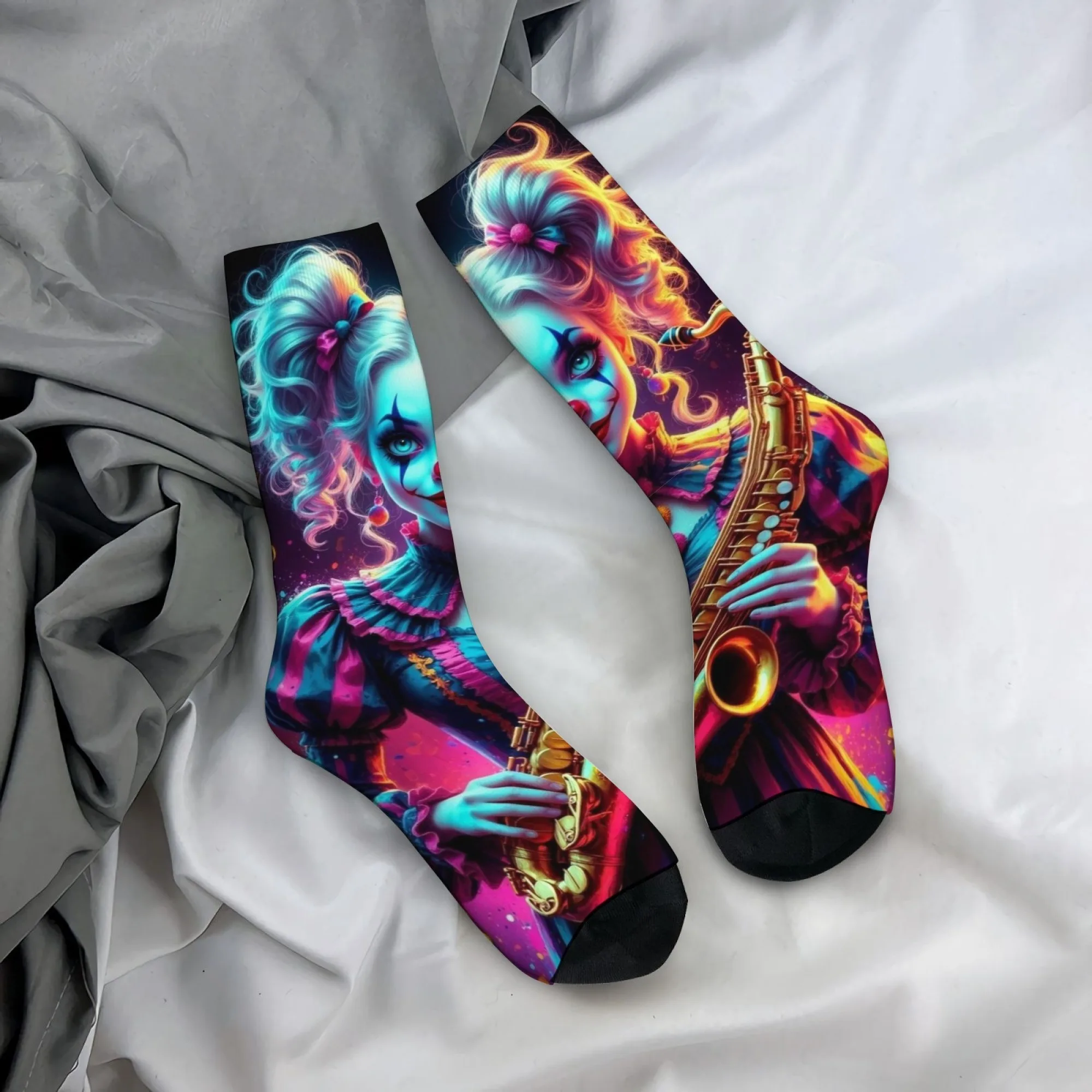 Neon Clown Music Girl Novelty Funny Men's Socks Harajuku Retro Street Crazy Happy Hip-Hop Socks Unisex Casual Fashion Socks Gift
