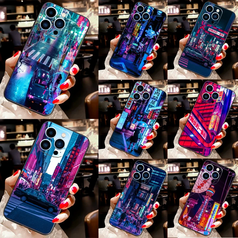 Neon Blue Cyberpunks Tokyo Street Case For iPhone 13 12 11 14 15 16 Pro Max XS XR X Full Cover For iPhone 12 13 Mini Plus 2