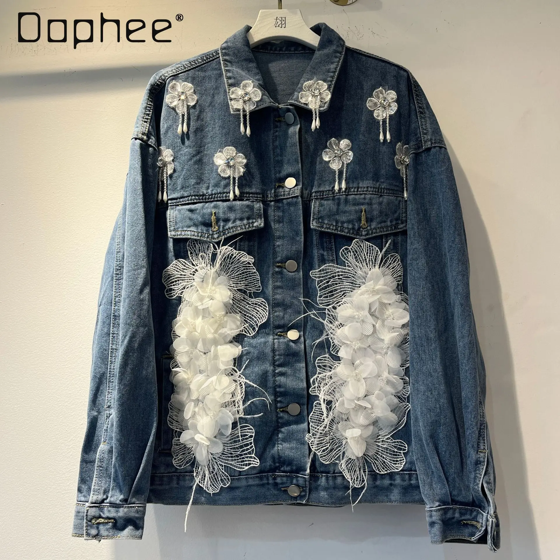 

European Style Trendy Lace Patchwork 3D Denim Jackets for Women Fashionable Casual Slimming Large Size Top Unique Casual Jacket