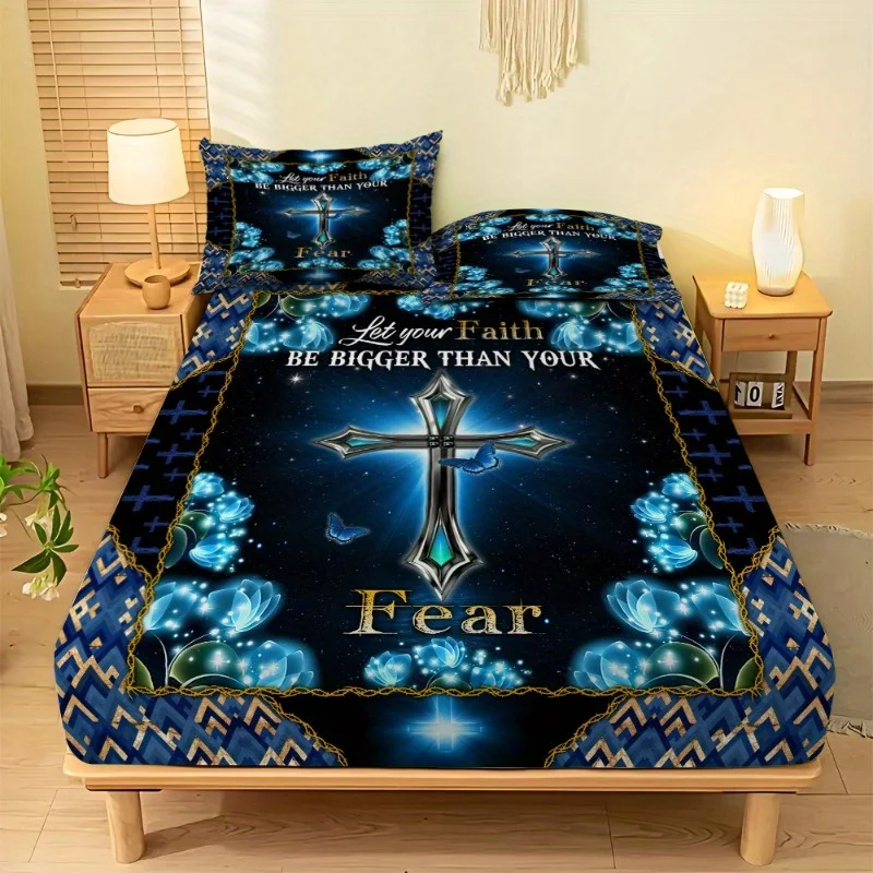 3pcs Fitted Sheet Set - Cross Pattern Mattress Protector 1*Fitted Sheet + 2*Pillowcases, Soft and Comfortable Bedding