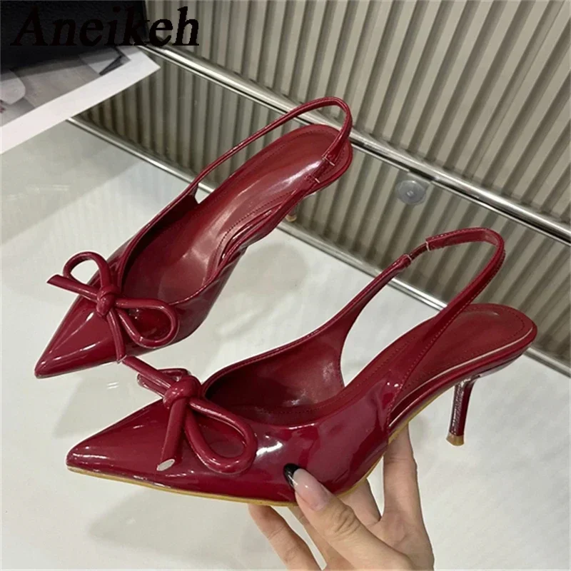 Aneikeh Street Style Sexy Red Pointed Toe High Heels Women Bow Shallow Fashion Slingbacks Shoe Sandals Pumps Dress Wedding Mules