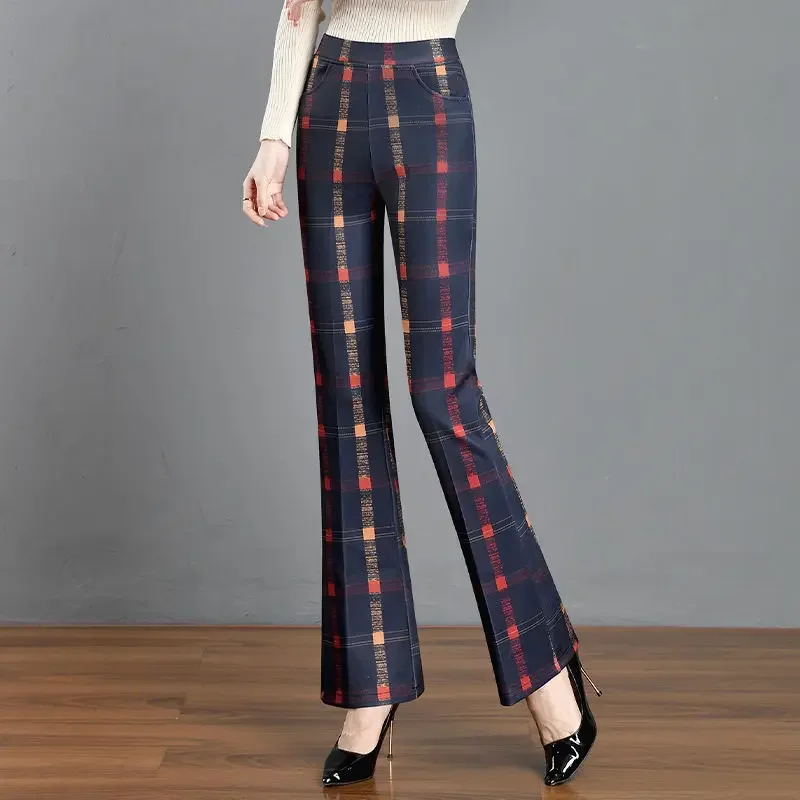 

Эластичные женские брюки с клетчатым принтом, расклешенные брюки на осень и зиму, утолщенные и модные, универсальные, новый стиль, тонкие