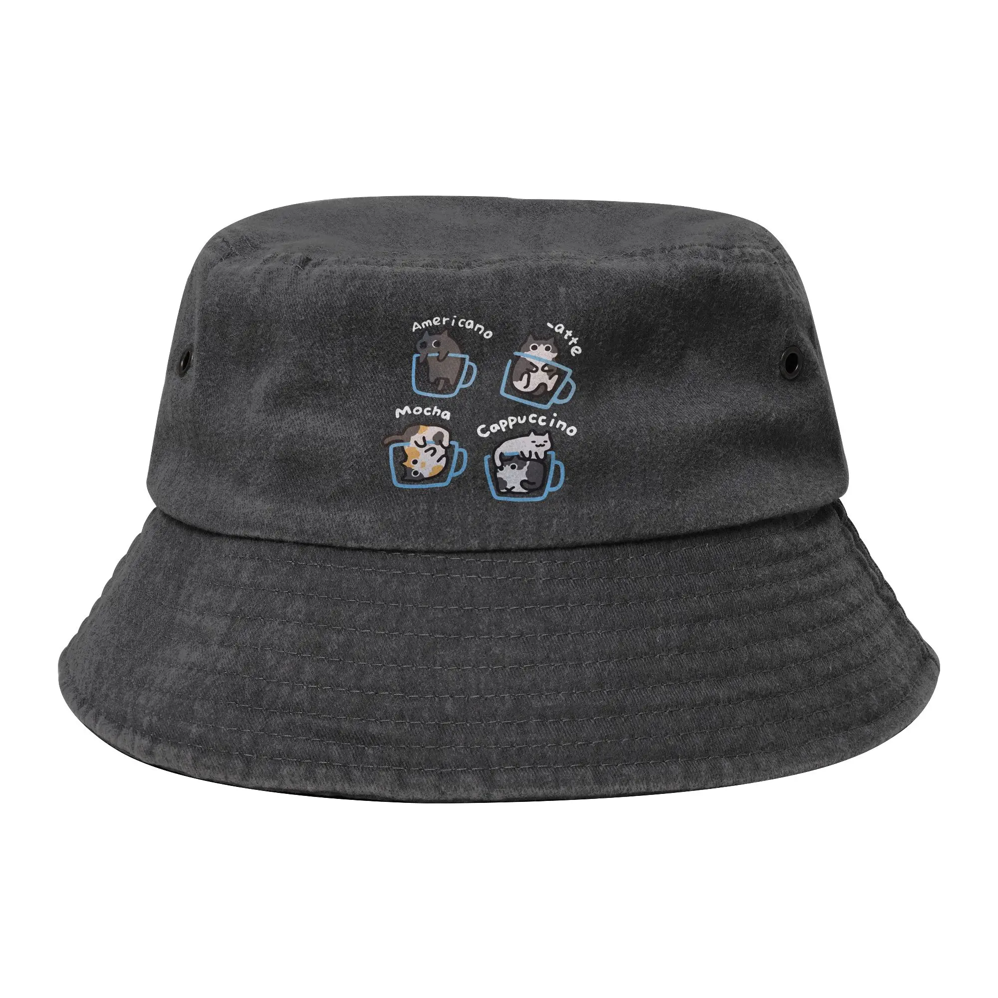 Cat Coffee-g Bucket Hat for Teen Vocation  Distressed Washed Sun Hat Harajuku UV Protection for Outdoor Fishing Cap Dropshipping